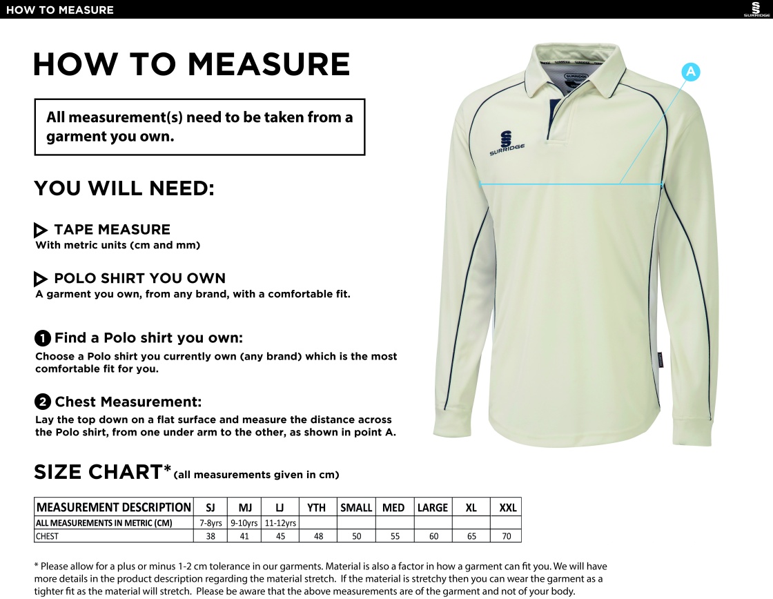 Walton On Thames CC - Premier L/S Sleeved Shirt - Size Guide