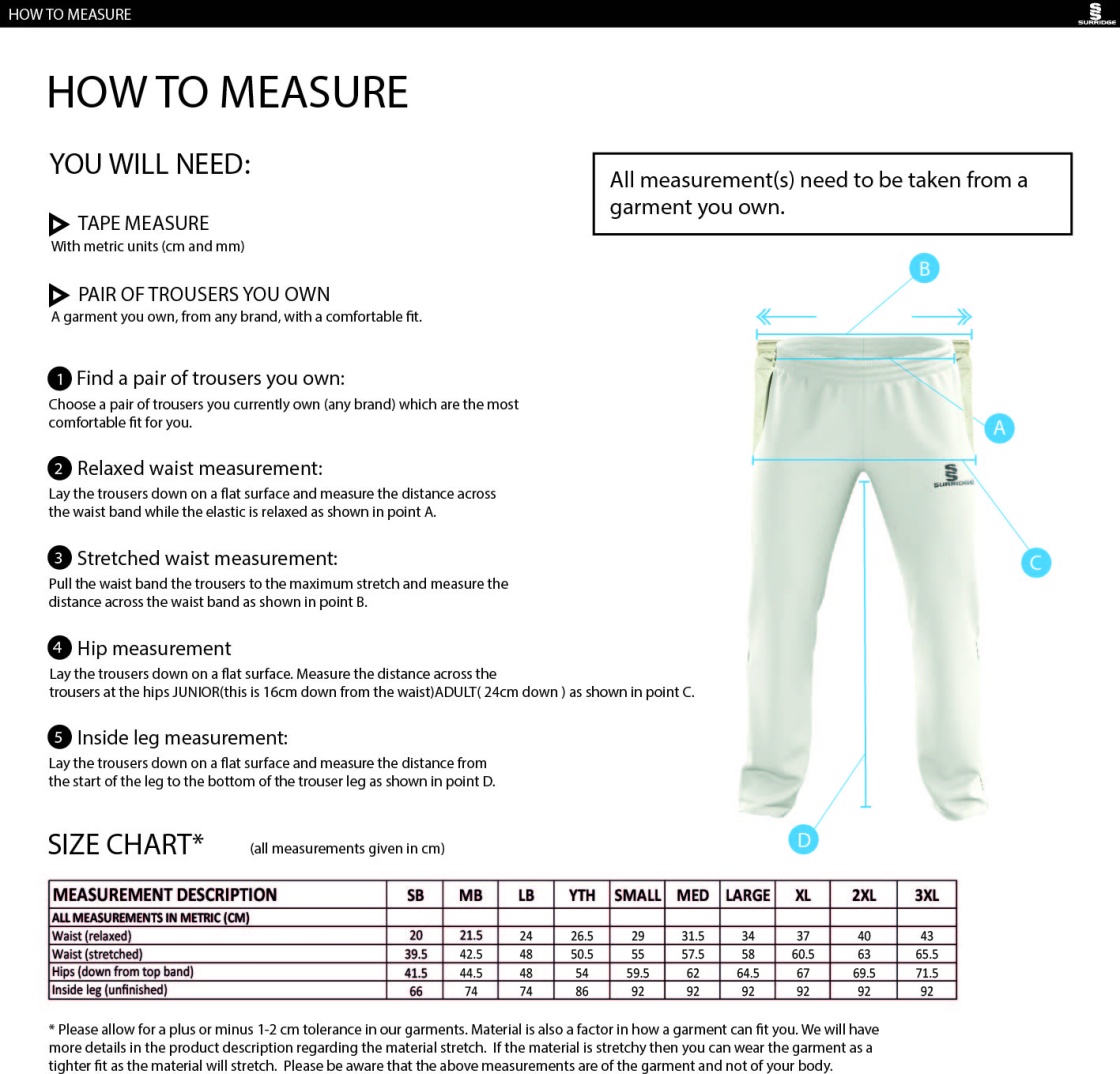 Walton on Thames CC - Standard Playing Pant - Size Guide