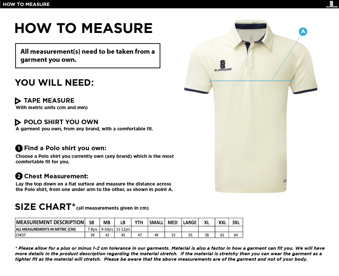 Walton On Thames CC - Ergo S/S Sleeved Shirt - Size Guide