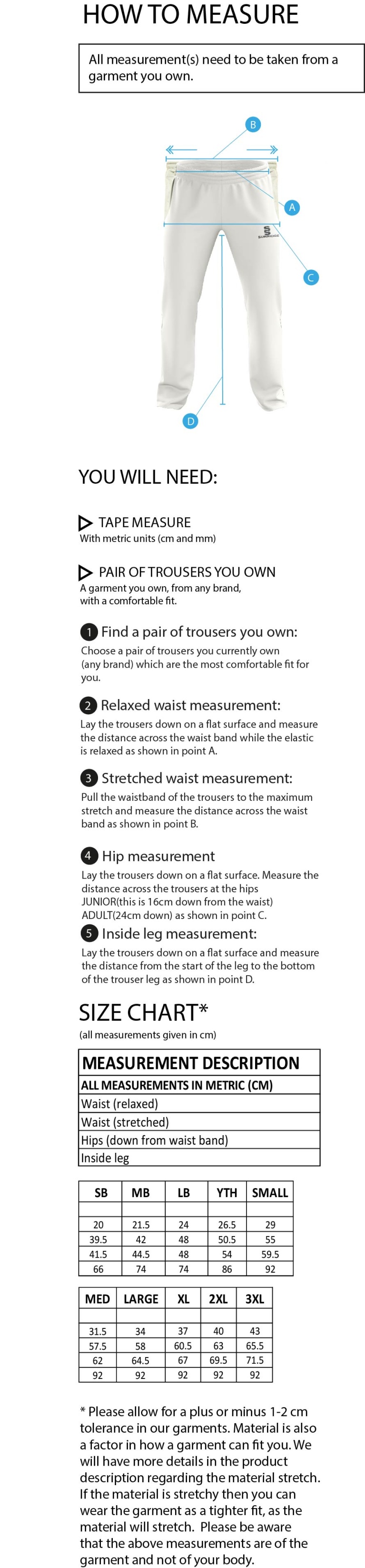 Walton on Thames CC - Standard Playing Pant - Size Guide