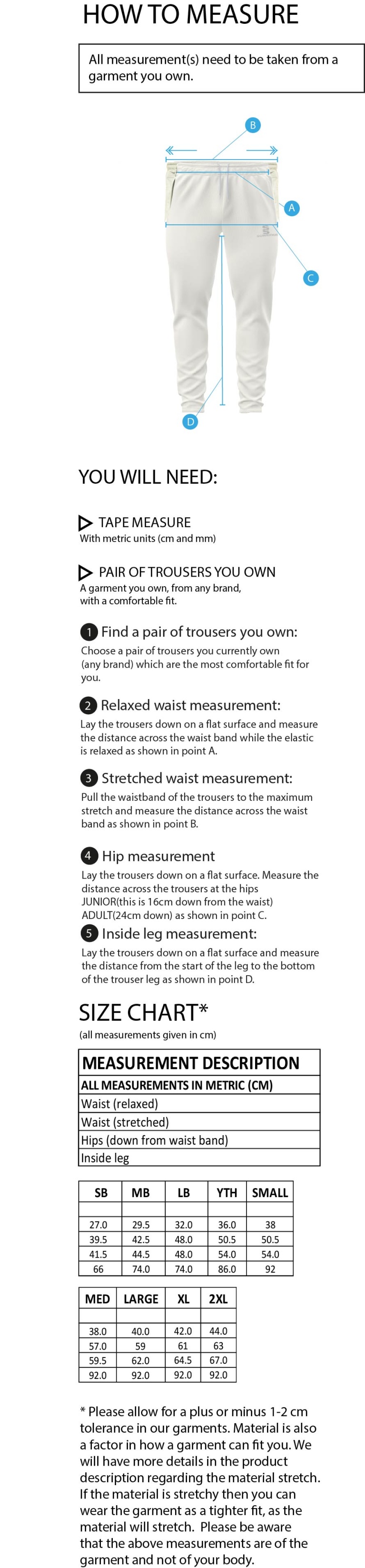 Walton On Thames CC - Blade Playing Pant - Size Guide