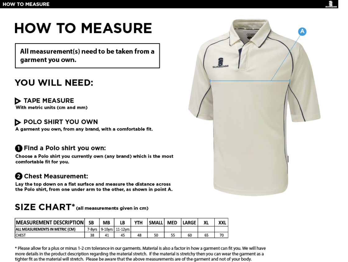 WALTON ON THAMES CC Dual Premier Short Sleeve Shirt - Size Guide