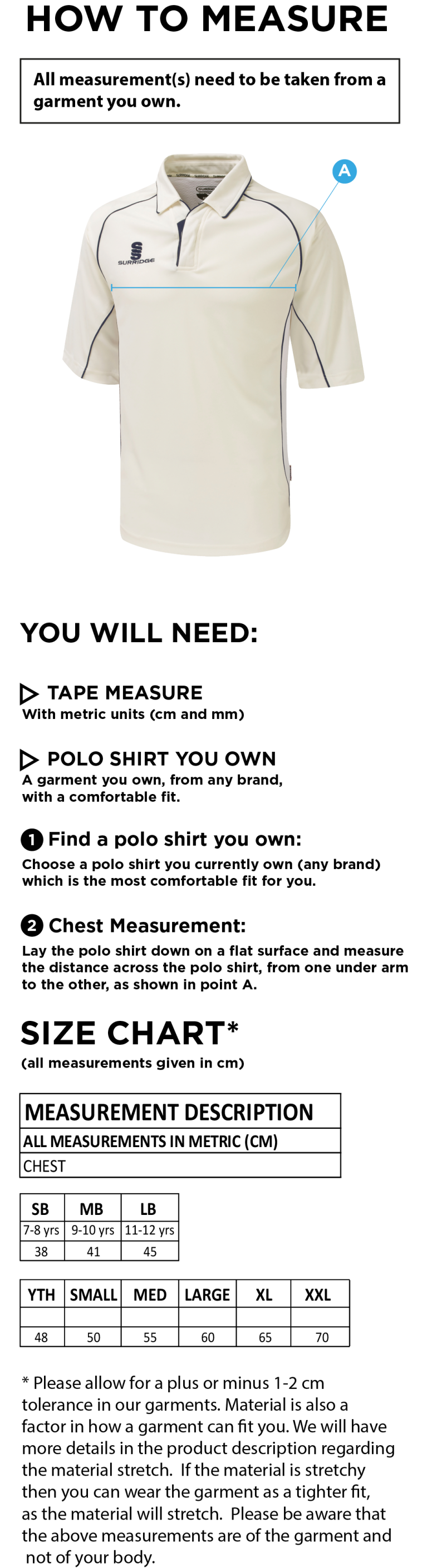 WALTON ON THAMES CC Dual Premier Short Sleeve Shirt - Size Guide