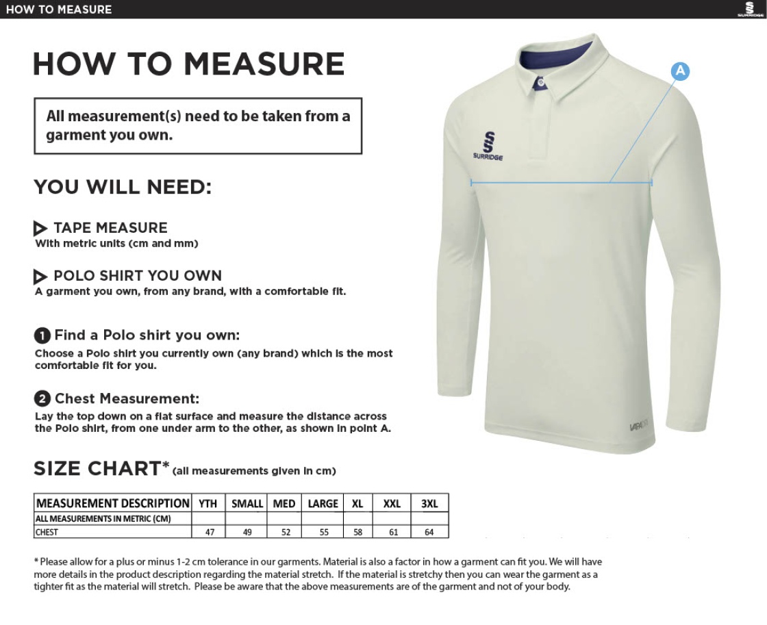 Walton On Thames CC - Ergo L/S Sleeved Shirt - Size Guide