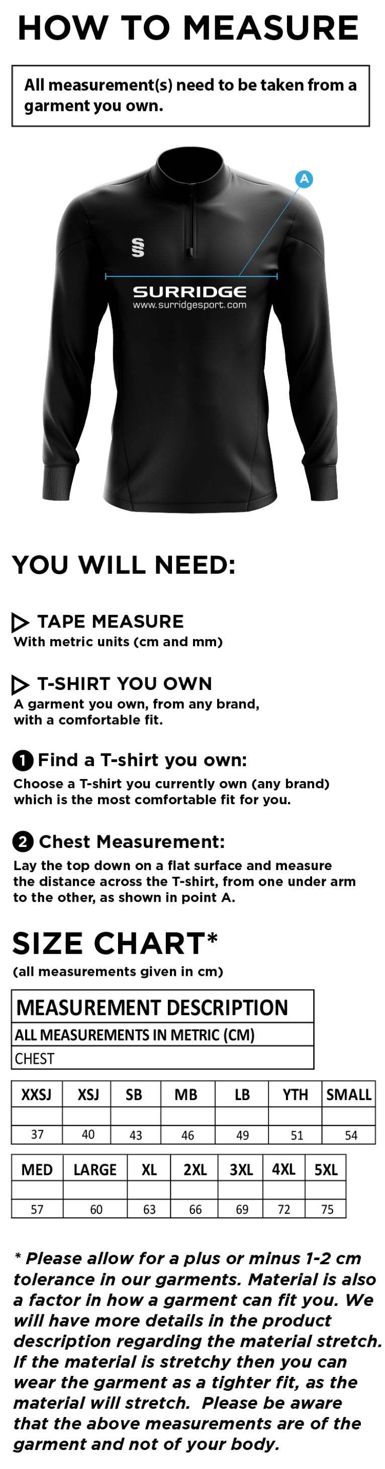 Walton On Thames CC - Fuse Performance Top - Size Guide
