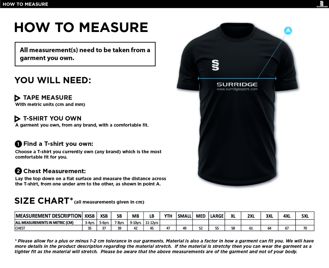 Walton On Thames CC - Fuse Training Shirt - Size Guide